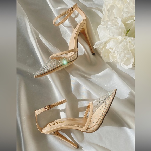 Light Nude Rhinestone Pointed-Toe Ankle Strap Pumps - Picture 6 of 6